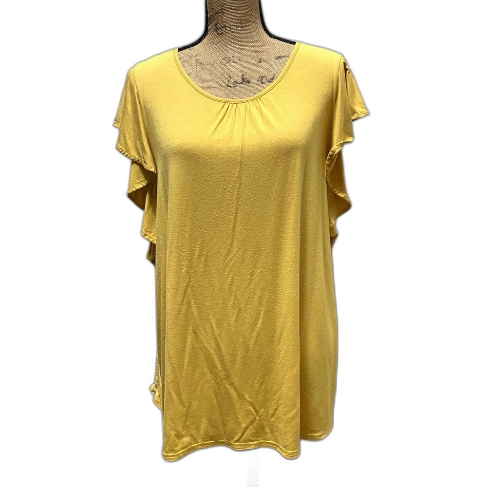 Matilda Jane Bocce Ball Blouse Mustard Yellow Flutter Sleeve Floral Lace‎ Large